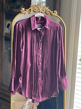 Anthropologie Burgundy Plum Button-Front Pleated Long Sleeve Blouse